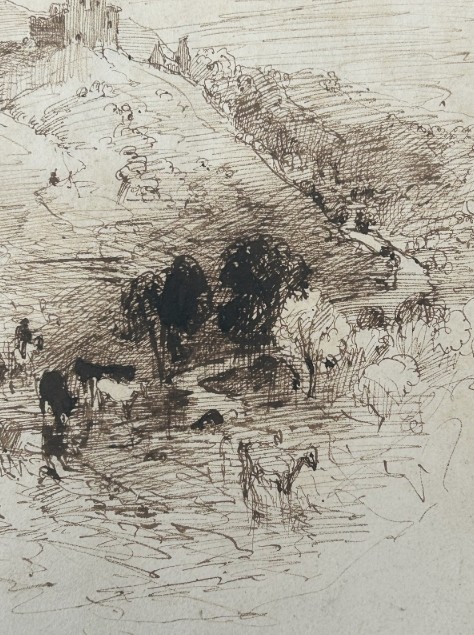 An early nineteenth-century monochrome ink sketch on aged paper depicting cattle grazing in a valley before a hilltop castle. View IX