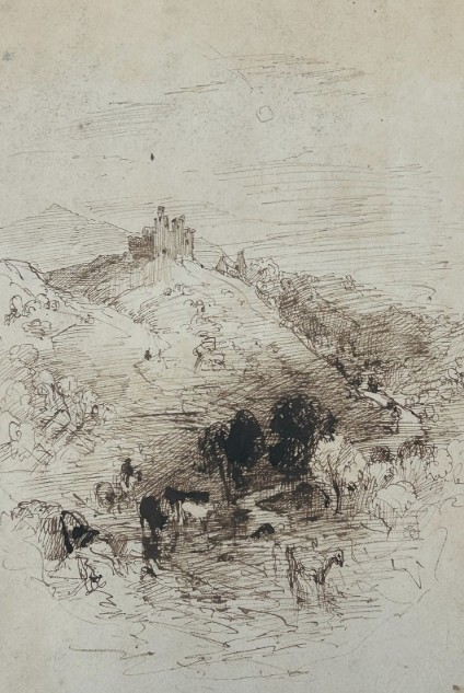 An early nineteenth-century monochrome ink sketch on aged paper depicting cattle grazing in a valley before a hilltop castle. View X