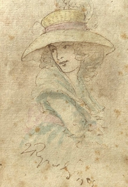Attributed to Sir Joshua Reynolds Original mid 18th Century Antique Signed Watercolour Painting wash Sketch of a Young Lady wearing a Feather Hat