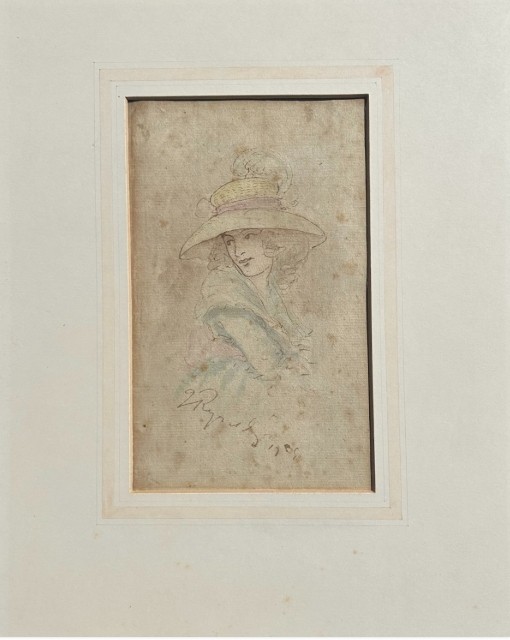 Attributed to Sir Joshua Reynolds Original mid 18th Century Antique Signed Watercolour Painting wash Sketch of a Young Lady wearing a Feather Hat View II