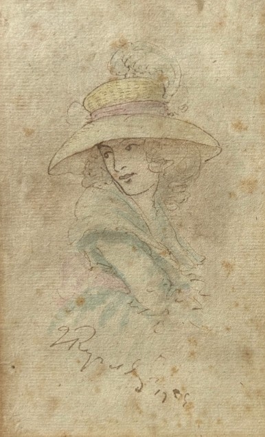 Attributed to Sir Joshua Reynolds Original mid 18th Century Antique Signed Watercolour Painting wash Sketch of a Young Lady wearing a Feather Hat View III