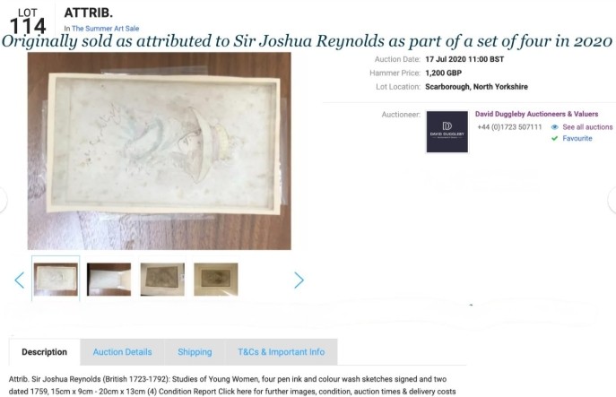 Attributed to Sir Joshua Reynolds Original mid 18th Century Antique Signed Watercolour Painting wash Sketch of a Young Lady wearing a Feather Hat View IV