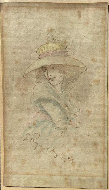 Attributed to Sir Joshua Reynolds Original mid 18th Century Antique Signed Watercolour Painting wash Sketch of a Young Lady wearing a Feather Hat View V