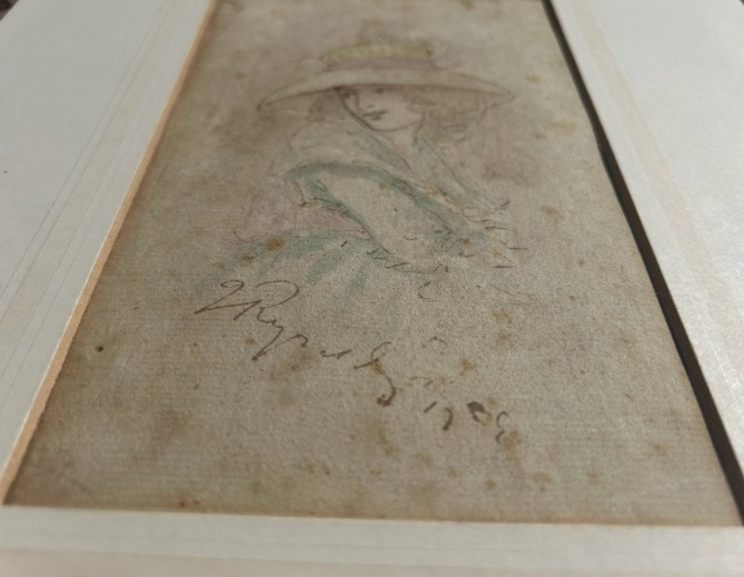 Attributed to Sir Joshua Reynolds Original mid 18th Century Antique Signed Watercolour Painting wash Sketch of a Young Lady wearing a Feather Hat View VII