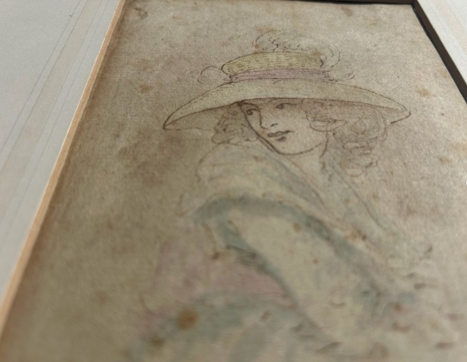 Attributed to Sir Joshua Reynolds Original mid 18th Century Antique Signed Watercolour Painting wash Sketch of a Young Lady wearing a Feather Hat View IX