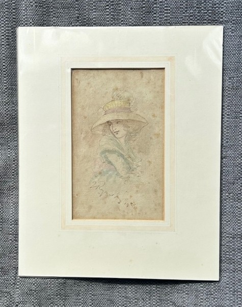 Attributed to Sir Joshua Reynolds Original mid 18th Century Antique Signed Watercolour Painting wash Sketch of a Young Lady wearing a Feather Hat View X