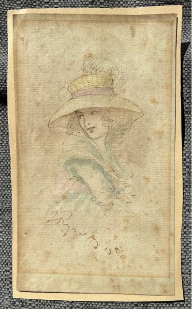 Attributed to Sir Joshua Reynolds Original mid 18th Century Antique Signed Watercolour Painting wash Sketch of a Young Lady wearing a Feather Hat View XI