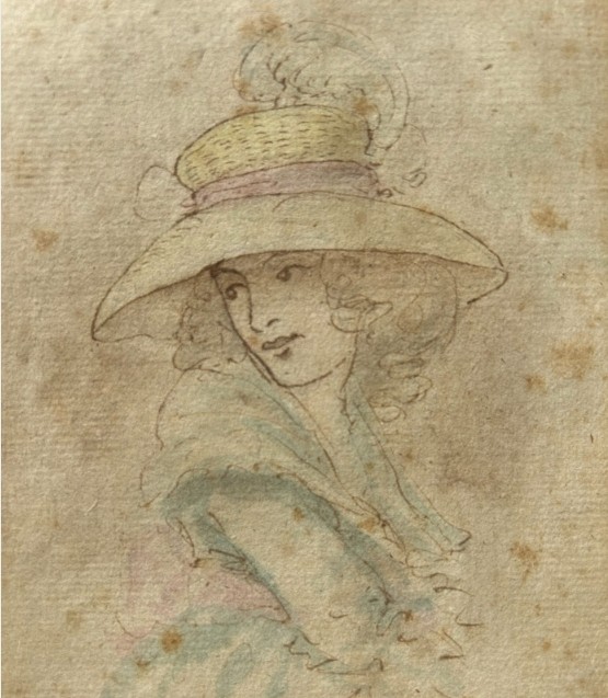 Attributed to Sir Joshua Reynolds Original mid 18th Century Antique Signed Watercolour Painting wash Sketch of a Young Lady wearing a Feather Hat View XII