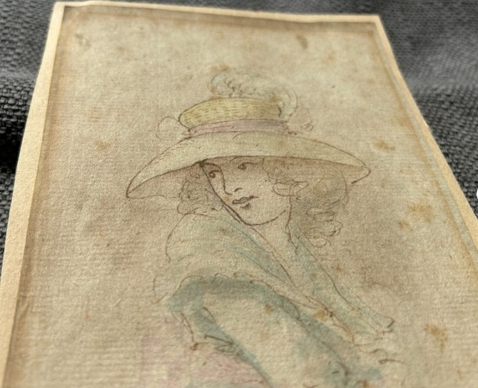Attributed to Sir Joshua Reynolds Original mid 18th Century Antique Signed Watercolour Painting wash Sketch of a Young Lady wearing a Feather Hat View XIII