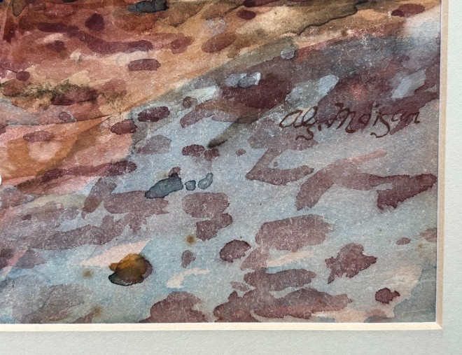 An antique watercolour painting depicting wooden boats along the River Esk near Whitby, presented in a gold gilt frame with a white mount. View II