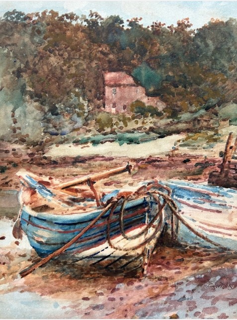 An antique watercolour painting depicting wooden boats along the River Esk near Whitby, presented in a gold gilt frame with a white mount. View IV