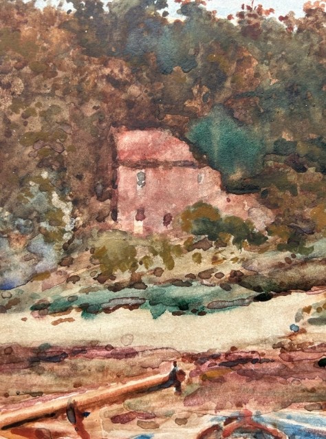 An antique watercolour painting depicting wooden boats along the River Esk near Whitby, presented in a gold gilt frame with a white mount. View V
