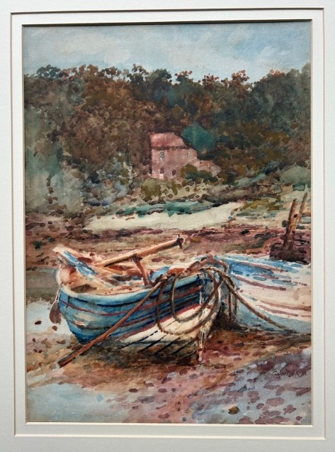 An antique watercolour painting depicting wooden boats along the River Esk near Whitby, presented in a gold gilt frame with a white mount. View VIII