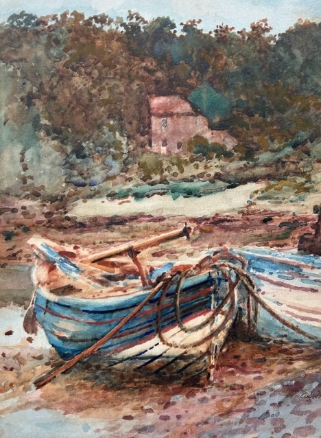 An antique watercolour painting depicting wooden boats along the River Esk near Whitby, presented in a gold gilt frame with a white mount. View IX