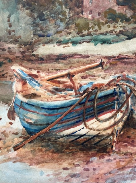 An antique watercolour painting depicting wooden boats along the River Esk near Whitby, presented in a gold gilt frame with a white mount. View X