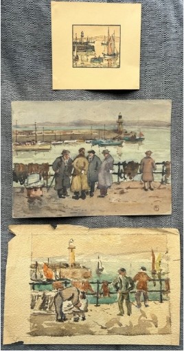Three early 20th-century artworks depicting harbour scenes with fishermen, boats, and a lighthouse in St Ives.