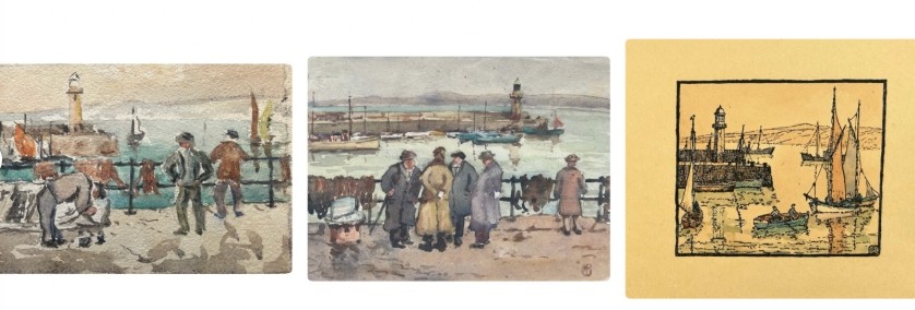 Three early 20th-century artworks depicting harbour scenes with fishermen, boats, and a lighthouse in St Ives. View II