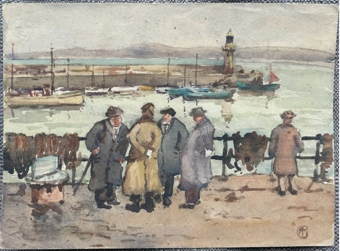 Three early 20th-century artworks depicting harbour scenes with fishermen, boats, and a lighthouse in St Ives. View III