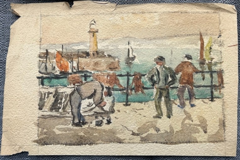 Three early 20th-century artworks depicting harbour scenes with fishermen, boats, and a lighthouse in St Ives. View IV