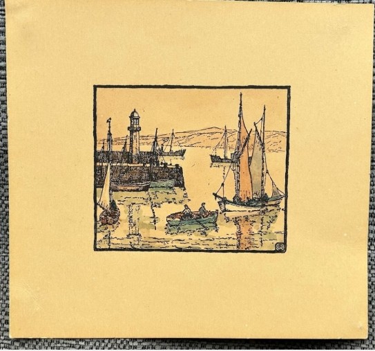 Three early 20th-century artworks depicting harbour scenes with fishermen, boats, and a lighthouse in St Ives. View V