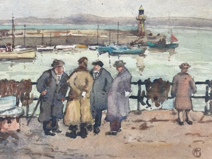 Three early 20th-century artworks depicting harbour scenes with fishermen, boats, and a lighthouse in St Ives. View VII