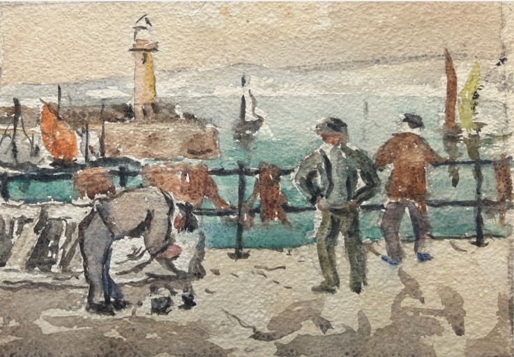 Three early 20th-century artworks depicting harbour scenes with fishermen, boats, and a lighthouse in St Ives. View VIII