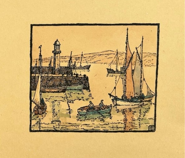 Three early 20th-century artworks depicting harbour scenes with fishermen, boats, and a lighthouse in St Ives. View IX