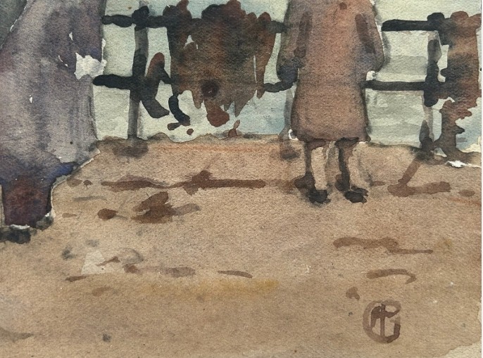Three early 20th-century artworks depicting harbour scenes with fishermen, boats, and a lighthouse in St Ives. View X