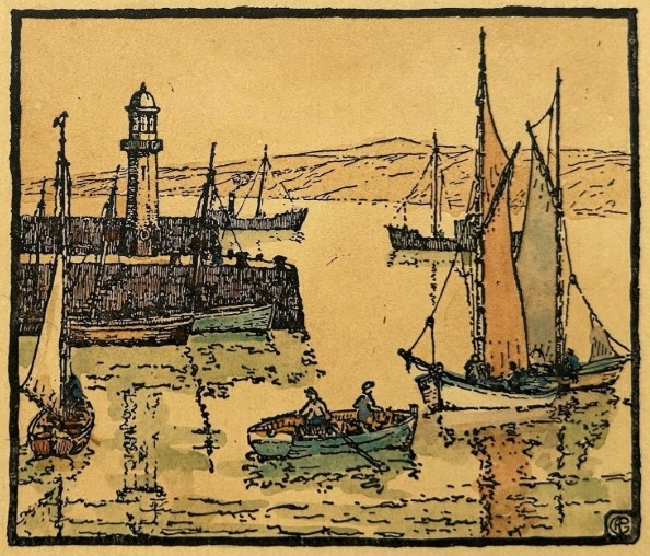 Three early 20th-century artworks depicting harbour scenes with fishermen, boats, and a lighthouse in St Ives. View XI
