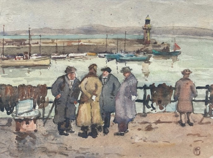 Three early 20th-century artworks depicting harbour scenes with fishermen, boats, and a lighthouse in St Ives. View XII