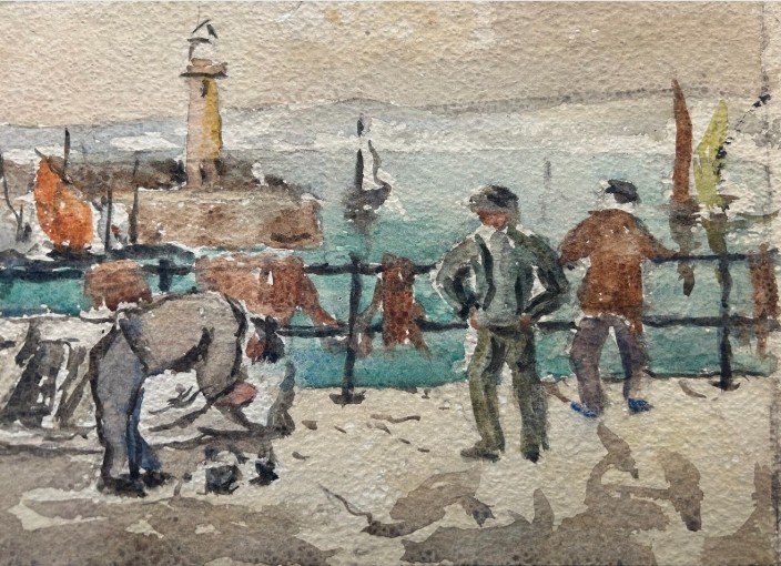 Three early 20th-century artworks depicting harbour scenes with fishermen, boats, and a lighthouse in St Ives. View XIII
