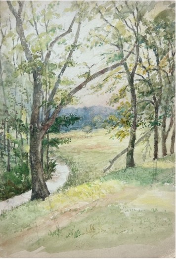 An early 20th-century watercolour painting depicting a grassy countryside meadow and winding stream framed by mature trees.