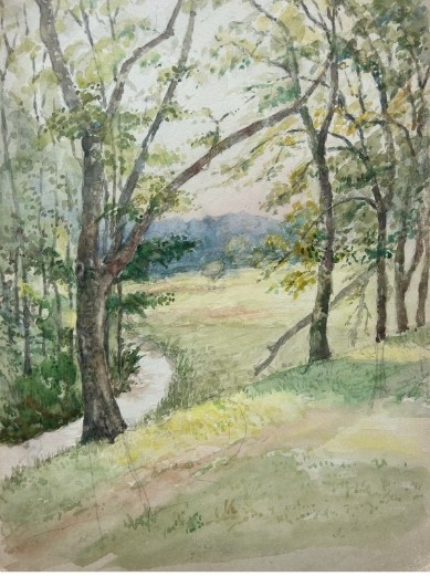 An early 20th-century watercolour painting depicting a grassy countryside meadow and winding stream framed by mature trees. View II
