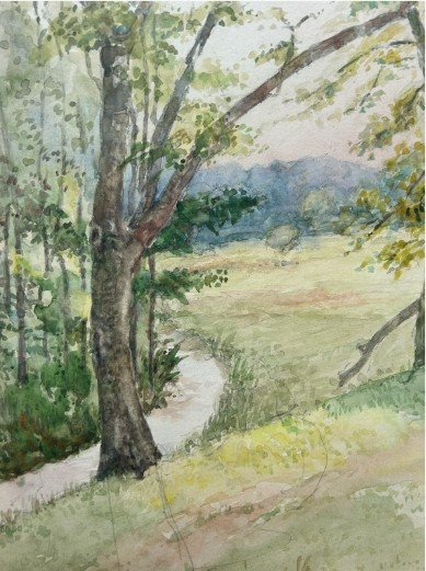 An early 20th-century watercolour painting depicting a grassy countryside meadow and winding stream framed by mature trees. View VI