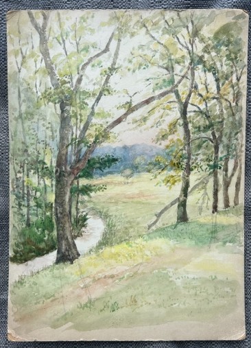 An early 20th-century watercolour painting depicting a grassy countryside meadow and winding stream framed by mature trees. View X