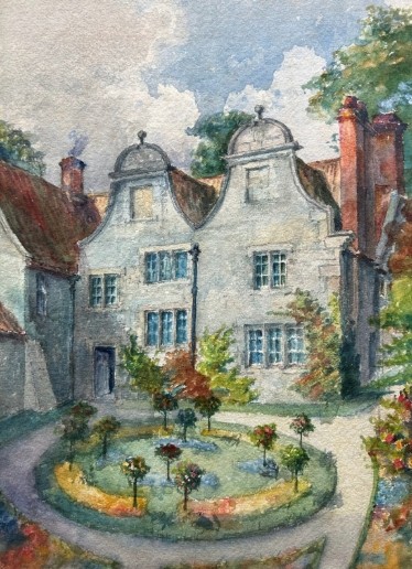 A watercolour painting depicting a two-storey stone building with Dutch gables, red brick chimneys, and a formal circular garden in the foreground.