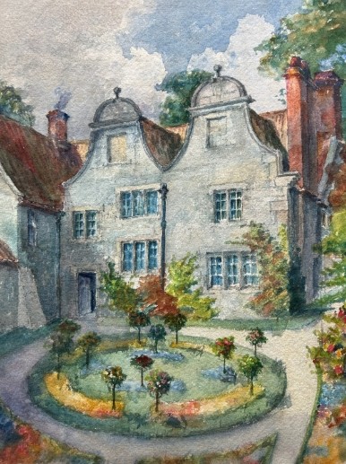 A watercolour painting depicting a two-storey stone building with Dutch gables, red brick chimneys, and a formal circular garden in the foreground. View III