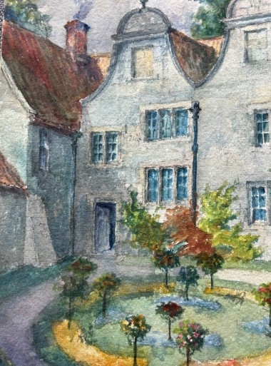A watercolour painting depicting a two-storey stone building with Dutch gables, red brick chimneys, and a formal circular garden in the foreground. View V