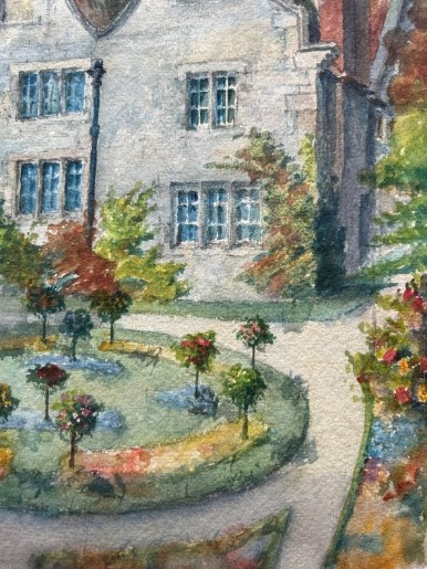A watercolour painting depicting a two-storey stone building with Dutch gables, red brick chimneys, and a formal circular garden in the foreground. View VI