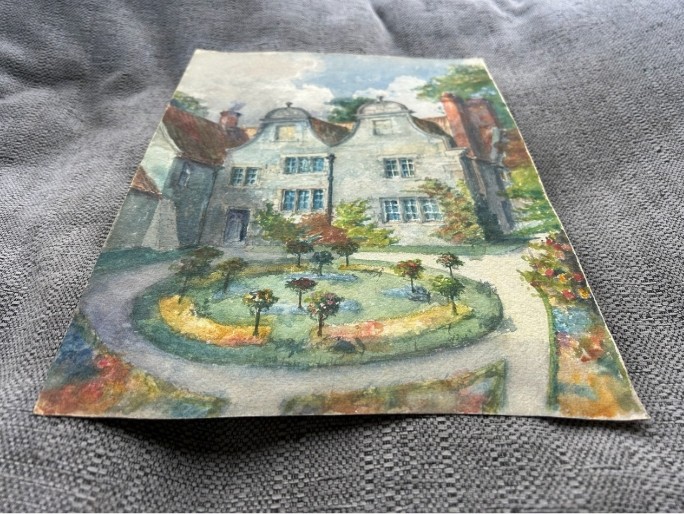 A watercolour painting depicting a two-storey stone building with Dutch gables, red brick chimneys, and a formal circular garden in the foreground. View VII