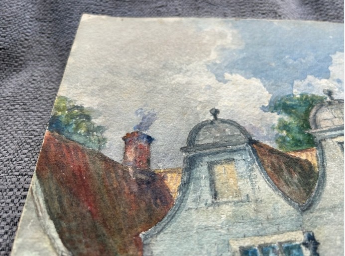 A watercolour painting depicting a two-storey stone building with Dutch gables, red brick chimneys, and a formal circular garden in the foreground. View VIII