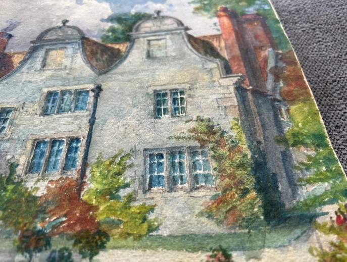 A watercolour painting depicting a two-storey stone building with Dutch gables, red brick chimneys, and a formal circular garden in the foreground. View IX