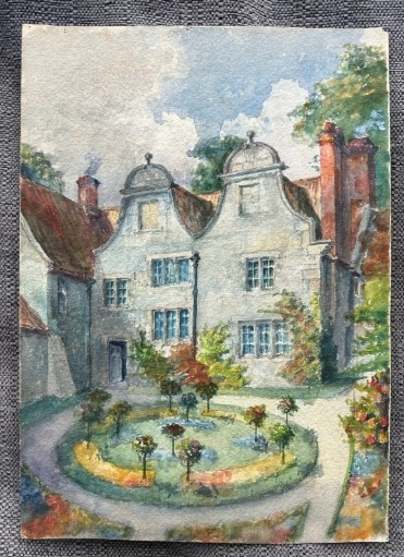 A watercolour painting depicting a two-storey stone building with Dutch gables, red brick chimneys, and a formal circular garden in the foreground. View X