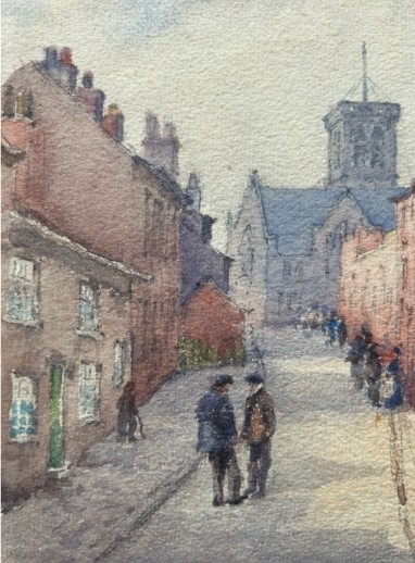An antique watercolour painting depicting figures on a sloping street flanked by brick buildings leading towards a church tower.