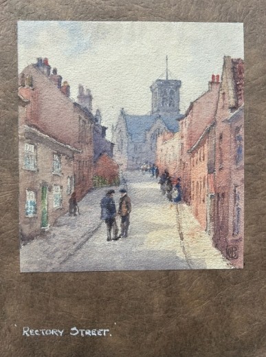 An antique watercolour painting depicting figures on a sloping street flanked by brick buildings leading towards a church tower. View II