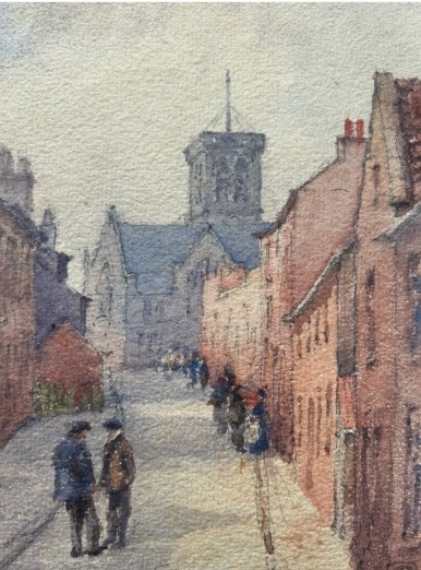 An antique watercolour painting depicting figures on a sloping street flanked by brick buildings leading towards a church tower. View VI