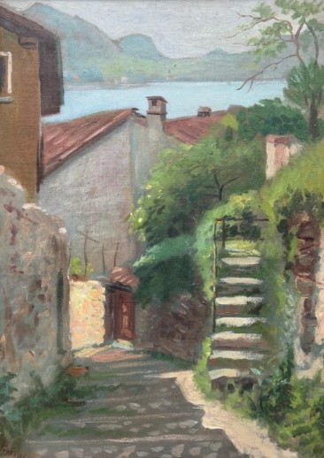 Oscar Perlasca Signed Original early 20th Century Antique Oil Painting on Canvas Vico Morcote Ticino Switzerland Swiss Landscape