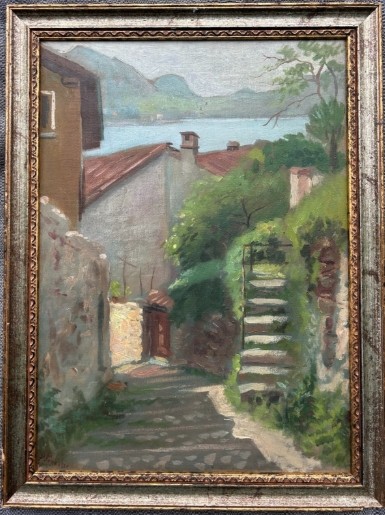 Oscar Perlasca Signed Original early 20th Century Antique Oil Painting on Canvas Vico Morcote Ticino Switzerland Swiss Landscape View II