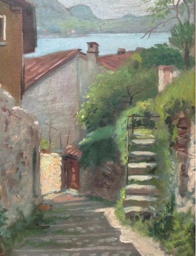 Oscar Perlasca Signed Original early 20th Century Antique Oil Painting on Canvas Vico Morcote Ticino Switzerland Swiss Landscape View III