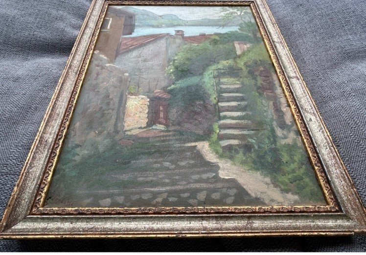 Oscar Perlasca Signed Original early 20th Century Antique Oil Painting on Canvas Vico Morcote Ticino Switzerland Swiss Landscape View V